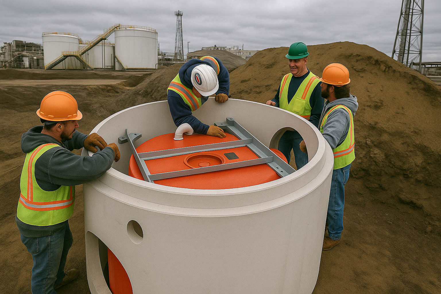 Técnico inspeccionando una planta de tratamiento de aguas residuales modular de color verde marca BIOMAX SYNERTECH, que incluye módulos de pretratamiento, decantación, DAF y oxidación avanzada. La planta está ubicada en un entorno industrial con techo alto y tuberías visibles. - ver más información